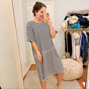 Lou & Grey Navy Blue Cream Striped Cotton Short Sleeve Knee Length Dress L/XL